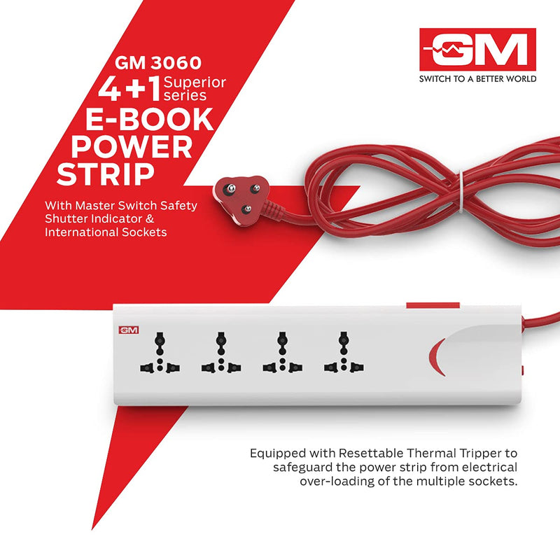 GM 3060 E-Book 4 + 1 Power Strip with Master Switch, Indicator, Safety Shutter & 4 international sockets