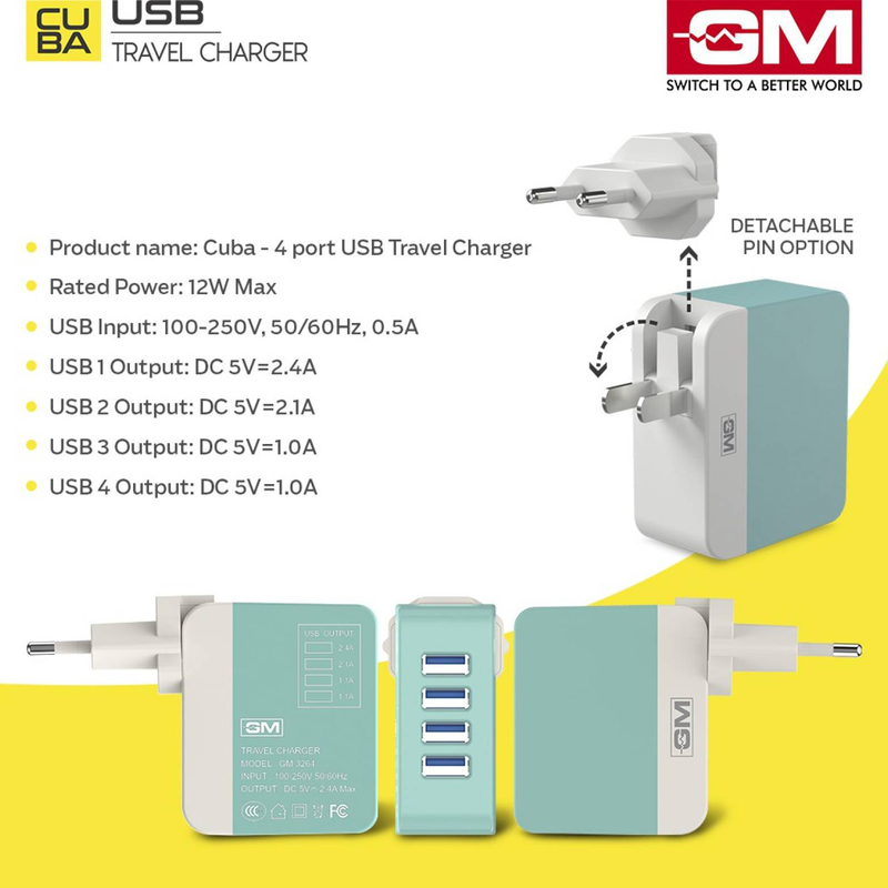 GM 3264 Cuba 12W 4 Port USB Travel Charger for Cellular Phones - White & green