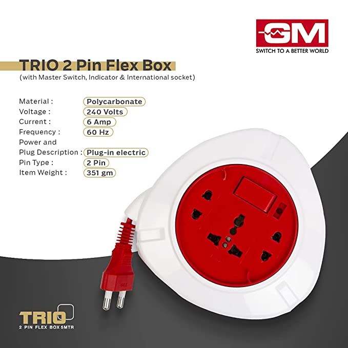 GM 3041 Trio 2 Pin Flex Box 5 Mtr. with Indicator & International Socket