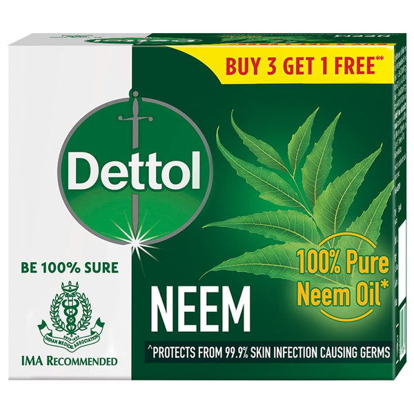 Dettol Neem Bathing Soap Bar with Pure Neem Oil, 75g (Buy 3 Get 1 Free)