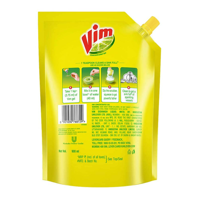 Vim Dishwash Liquid Gel Lemon, With Lemon Fragrance, Leaves No Residue, Grease Cleaner For All Utensils, 900 ml Refill Pouch