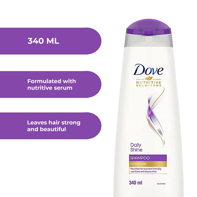 Dove Daily Shine Shampoo 340 ml, For Dry and Damaged Hair - Mild Daily Shampoo for Men & Women