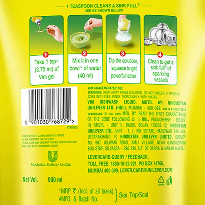 Vim Dishwash Liquid Gel Lemon, With Lemon Fragrance, Leaves No Residue, Grease Cleaner For All Utensils, 900 ml Refill Pouch