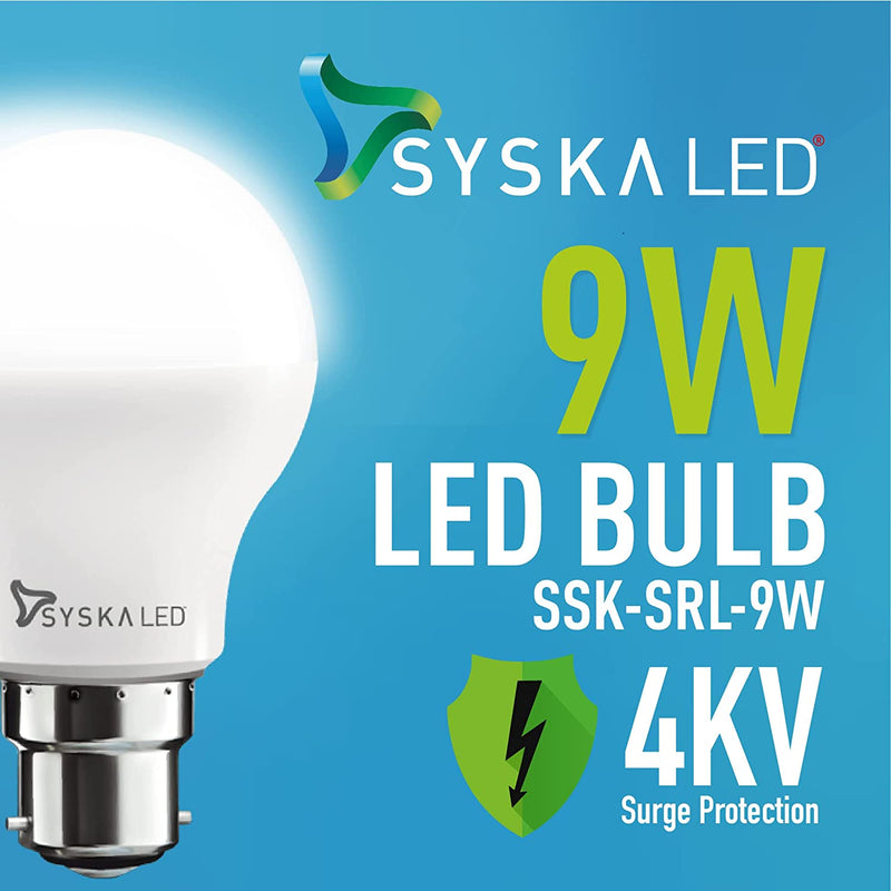 SYSKA 9W LED Bulb with Energy Saving, Up to 50000 Hours Life Span - White (Pack of 6)